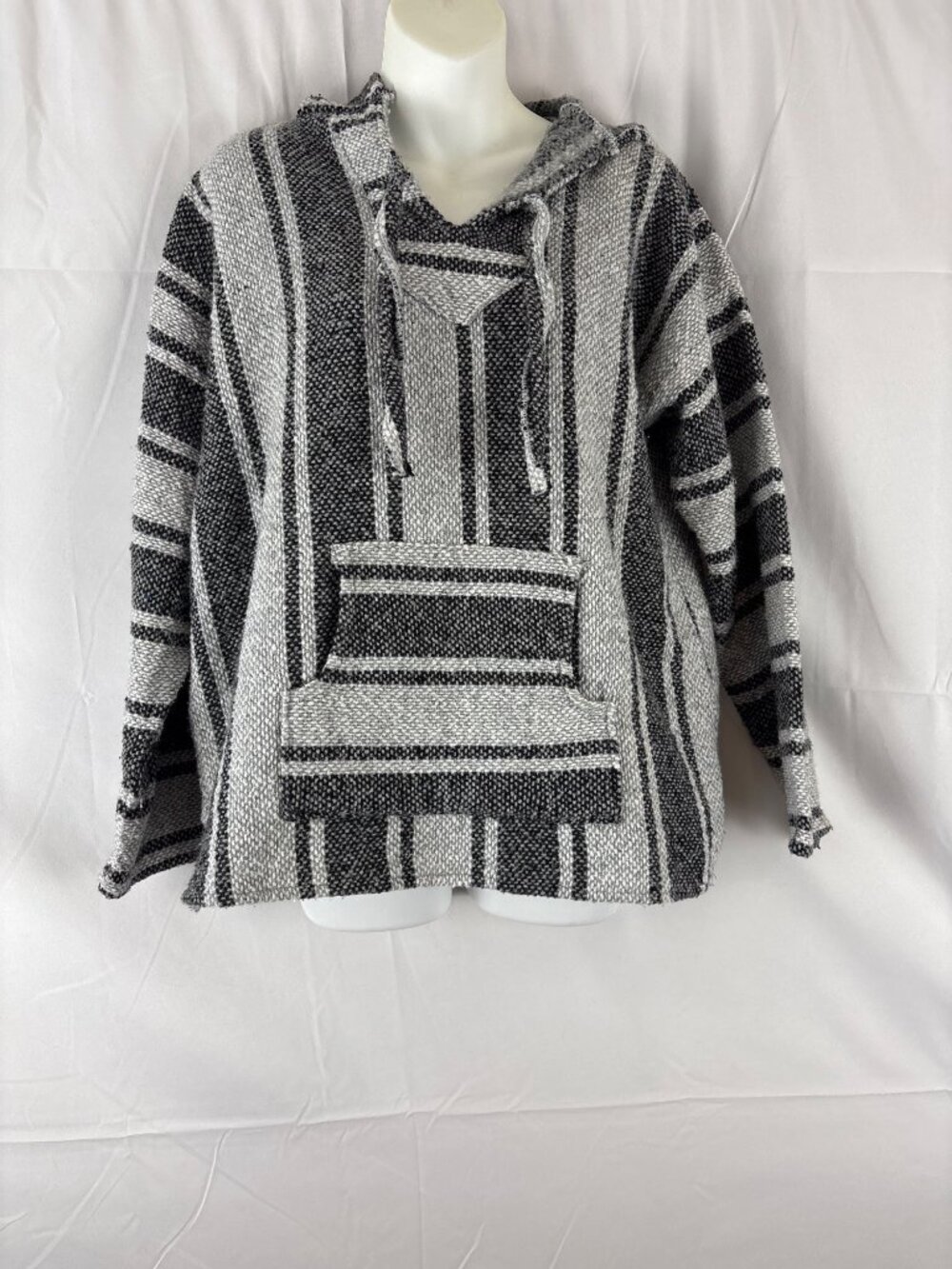 Striped Baja Hoodie Jerga Pullover Poncho Black & Gray Hippie Surfer Bojo M